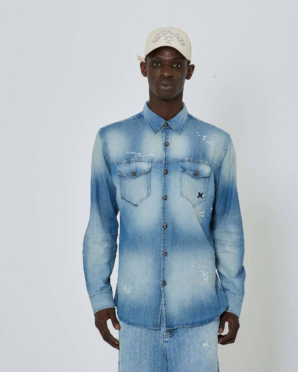 John Richmond Camicia in denim effetto strappato Offerta speciale della fabbrica