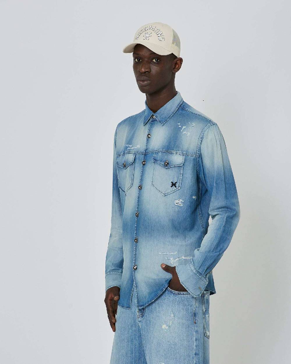 John Richmond Camicia in denim effetto strappato Offerta speciale della fabbrica