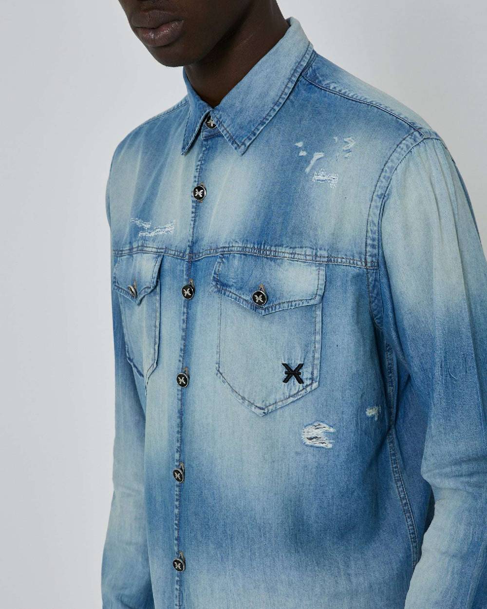 John Richmond Camicia in denim effetto strappato Offerta speciale della fabbrica