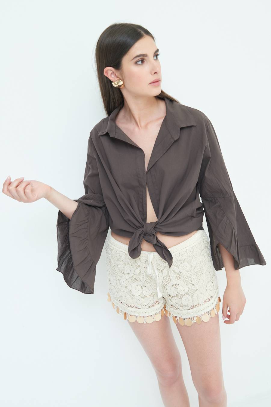 Kikisix CAMICIA MUSSOLA CON NODO CIOCCOLATO Fino Al -60%