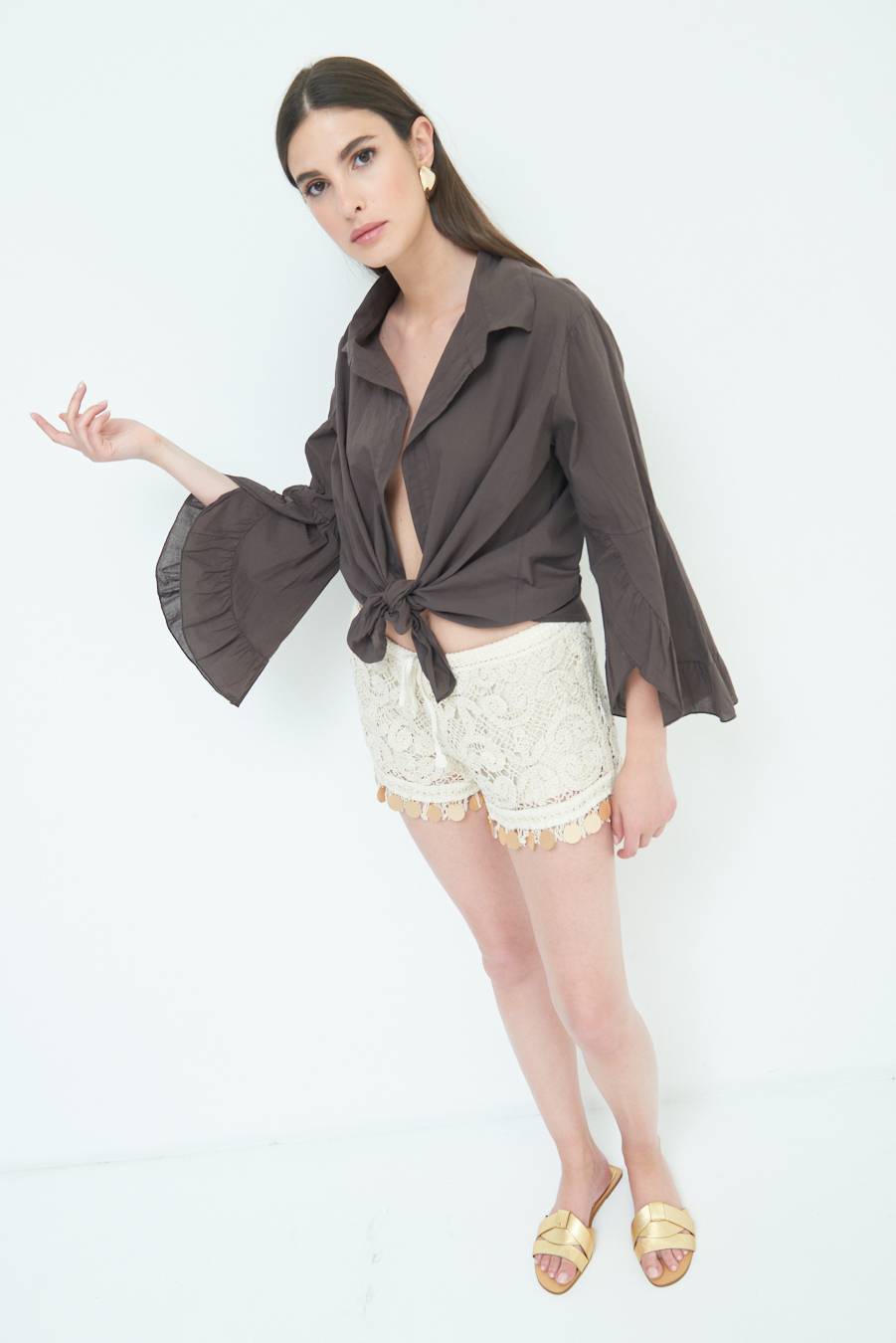 Kikisix CAMICIA MUSSOLA CON NODO CIOCCOLATO Fino Al -60%