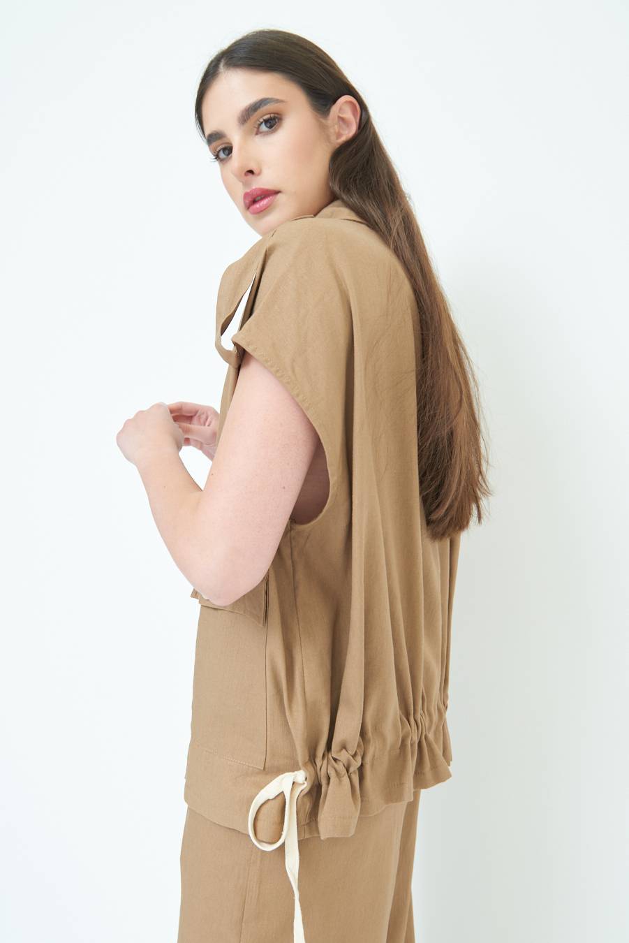 Kikisix GIACCA CAMICIA CON TASCHE VISCOSA LINO TABACCO Fino al 65% di sconto