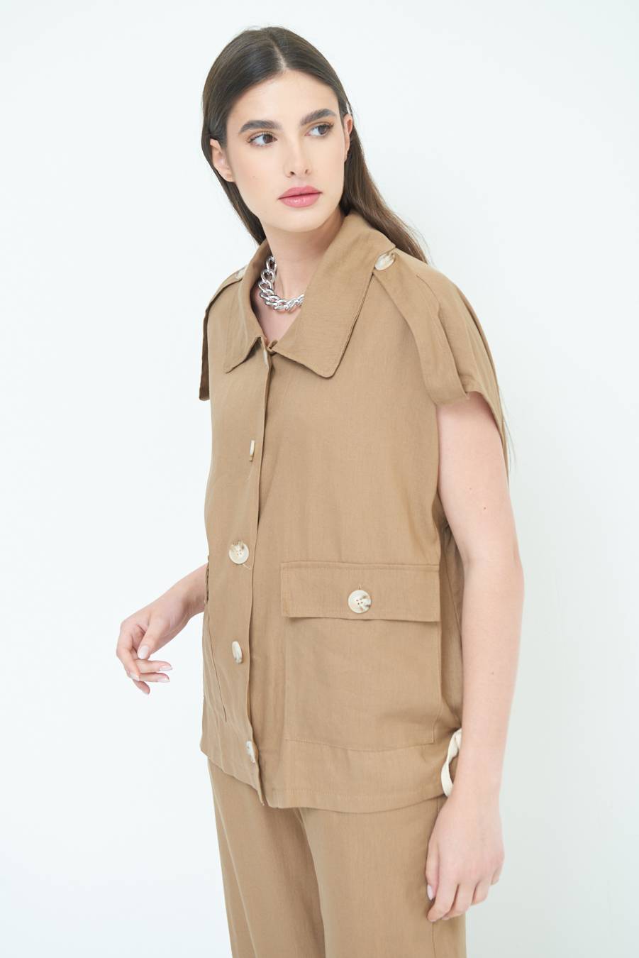 Kikisix GIACCA CAMICIA CON TASCHE VISCOSA LINO TABACCO Fino al 65% di sconto