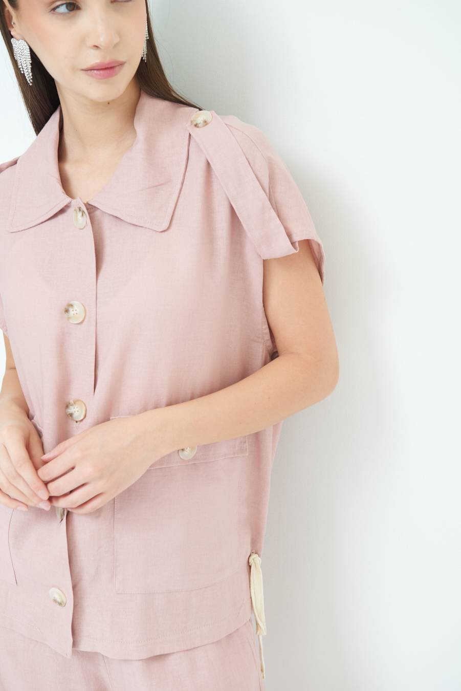 Kikisix GIACCA CAMICIA CON TASCHE VISCOSA LINO ROSA Sottocosto