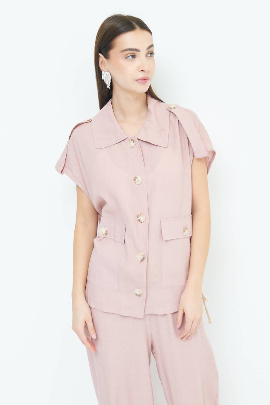 Kikisix GIACCA CAMICIA CON TASCHE VISCOSA LINO ROSA Sottocosto