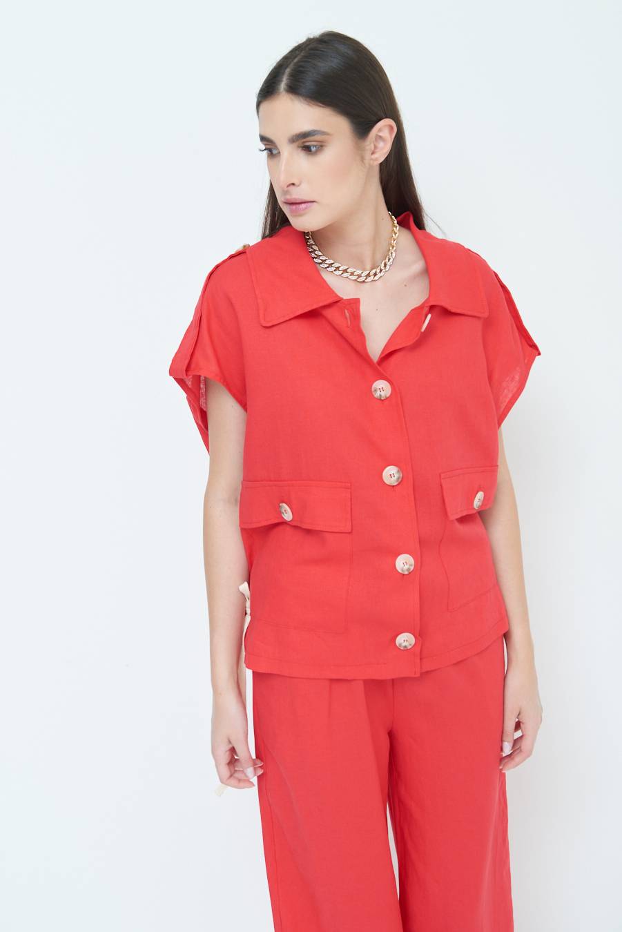 Kikisix GIACCA CAMICIA CON TASCHE VISCOSA LINO ROSSO Convenienza