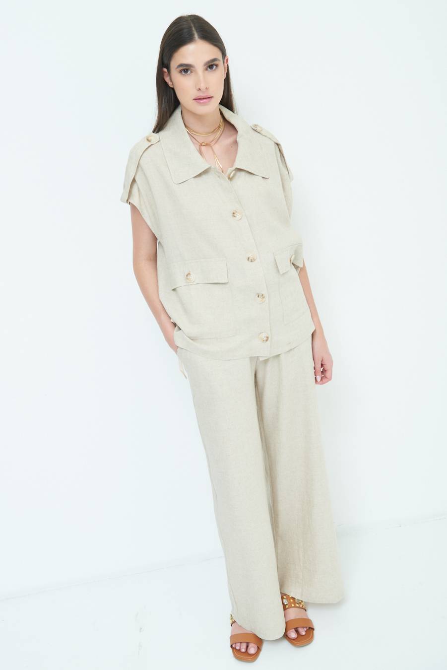 Kikisix GIACCA CAMICIA CON TASCHE VISCOSA LINO NATURALE Novità