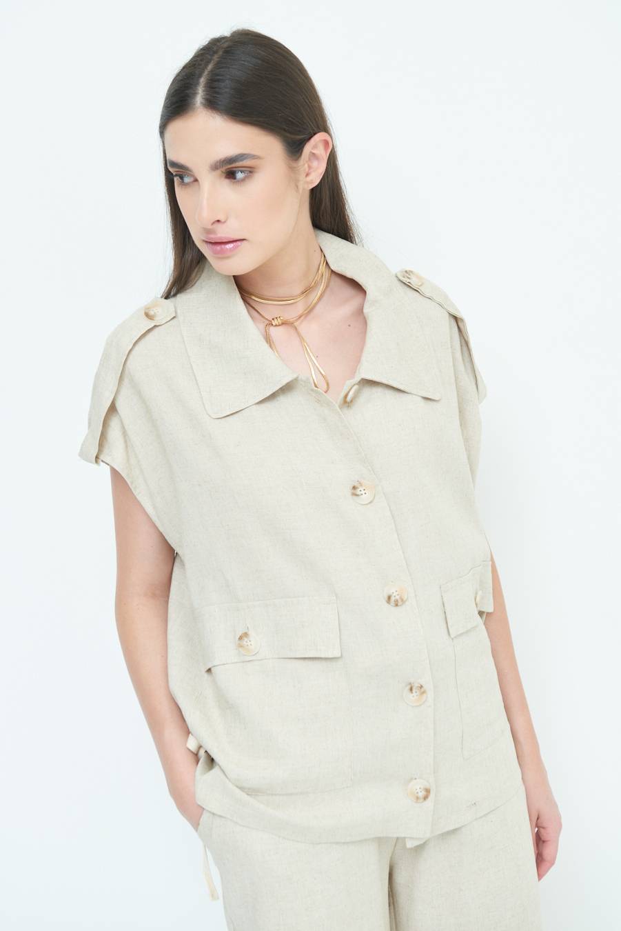 Kikisix GIACCA CAMICIA CON TASCHE VISCOSA LINO NATURALE Novità