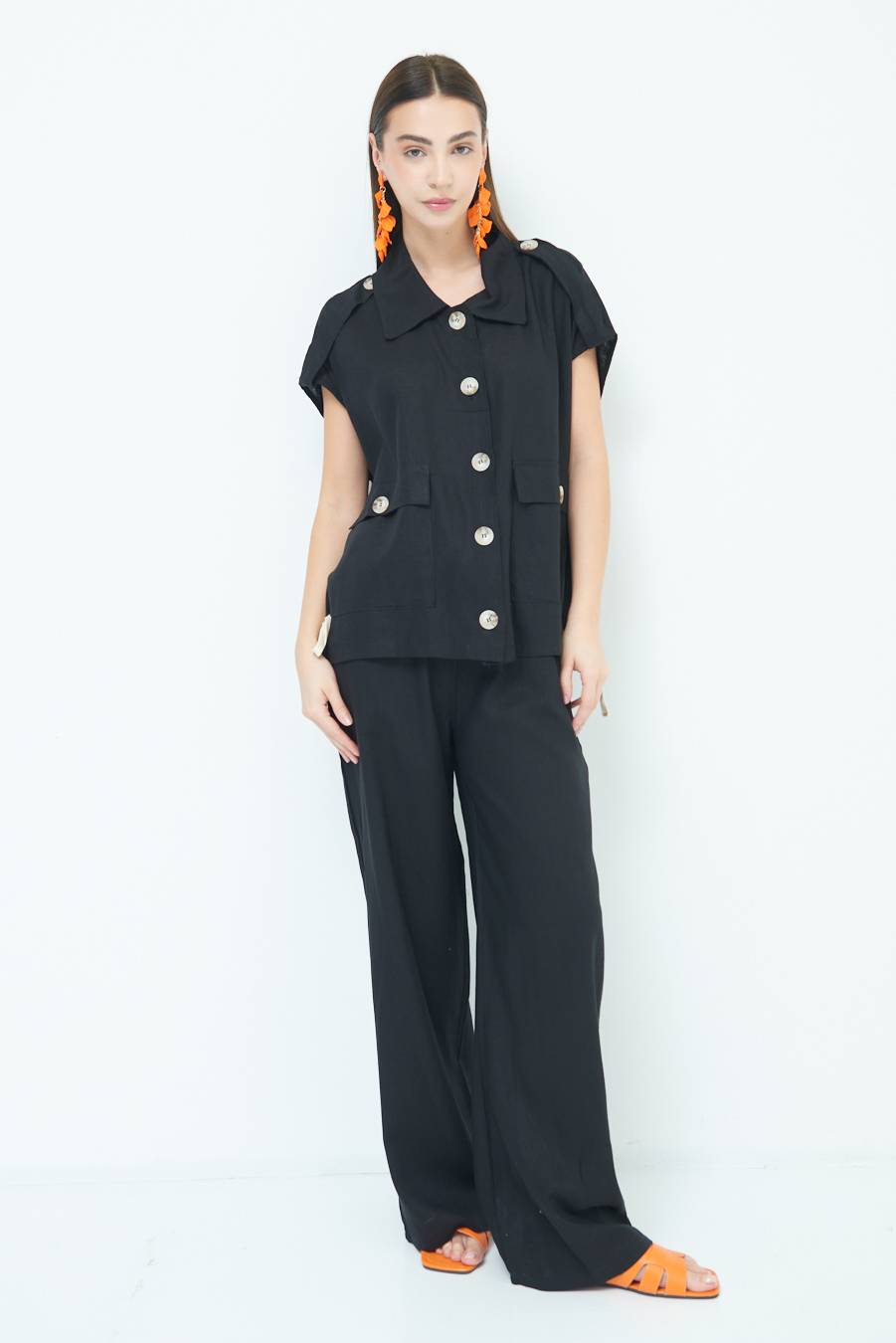 Kikisix GIACCA CAMICIA CON TASCHE VISCOSA LINO NERO Presa