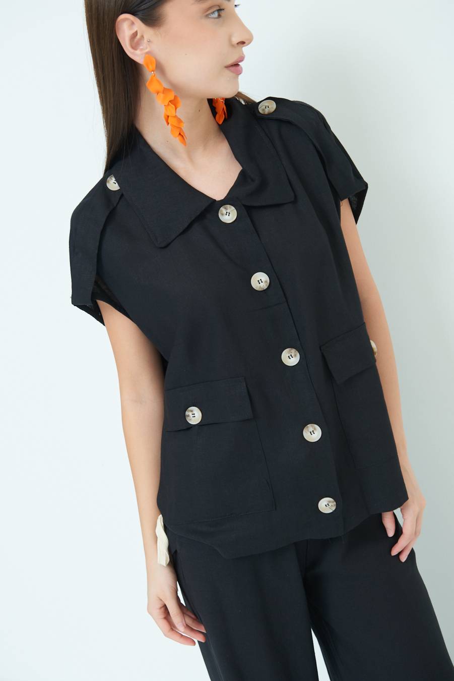 Kikisix GIACCA CAMICIA CON TASCHE VISCOSA LINO NERO Presa