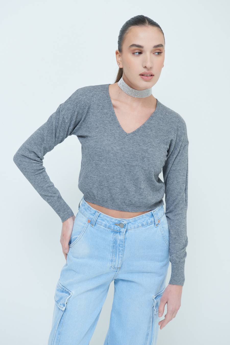 Kikisix MAGLIA SCOLLO V CORTA GRIGIO Vendite Flash