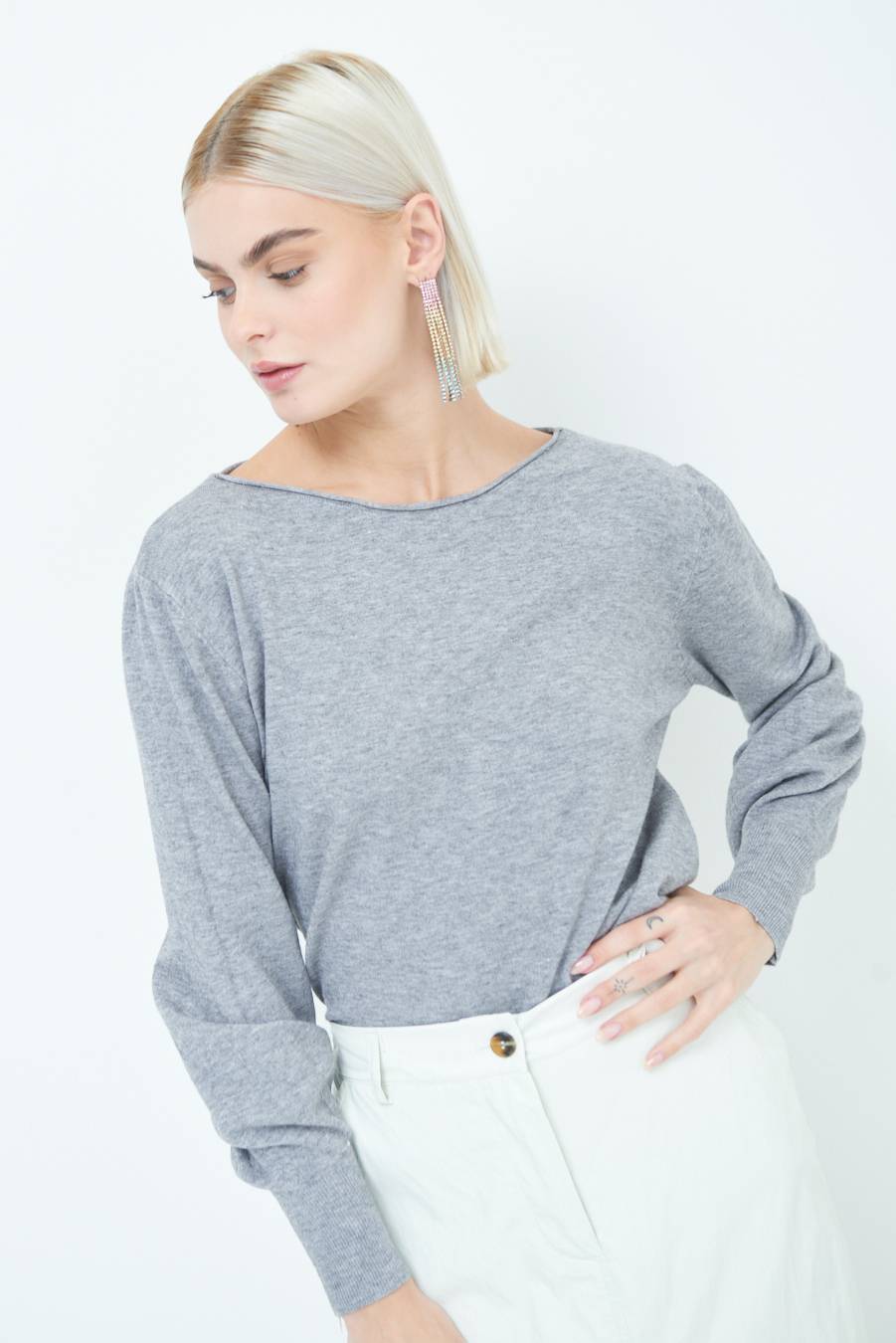 Kikisix MAGLIA REGOLARE SCOLLO BARCA GRIGIO Nuova