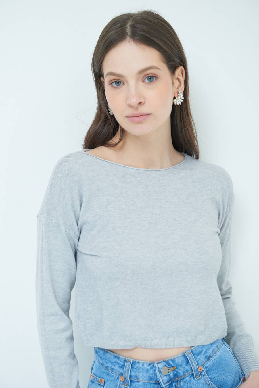 Kikisix MAGLIA SCATOLINA SCOLLO A BARCA GRIGIO Italy