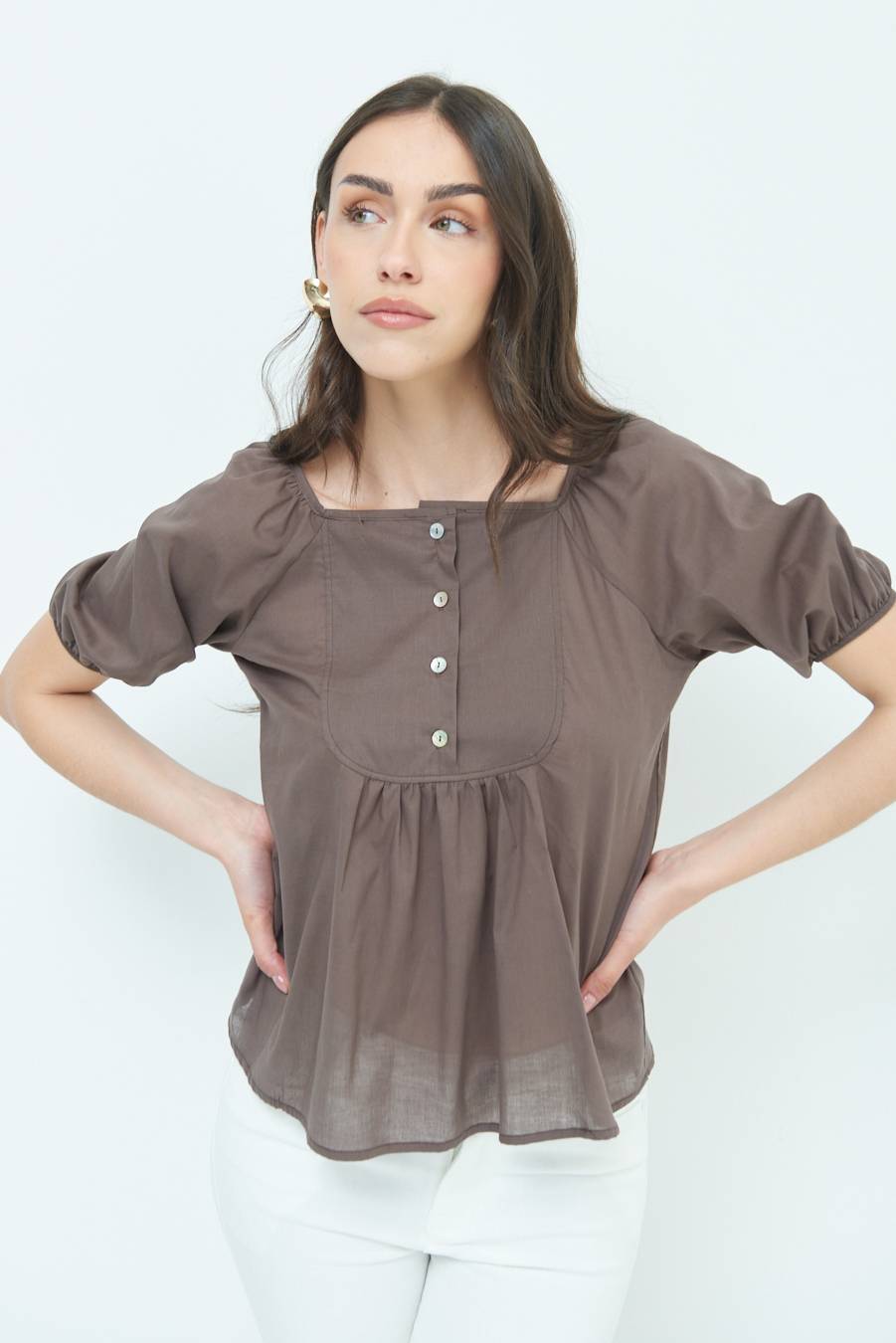 Kikisix CAMICIA CON BOTTONCINI DAV. COTONE COFFEE Offerta