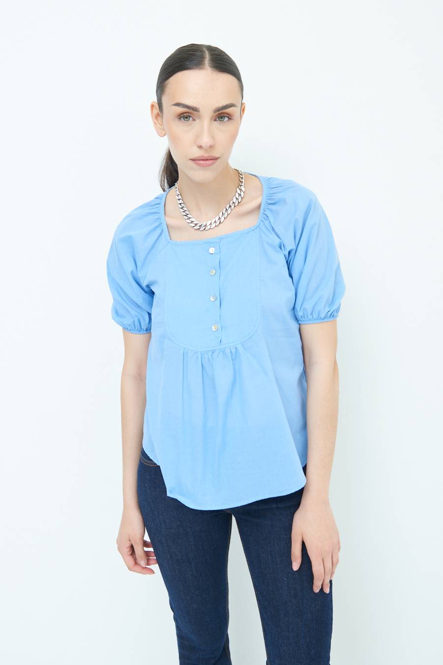 Kikisix CAMICIA CON BOTTONCINI DAV. COTONE CELESTE Economico
