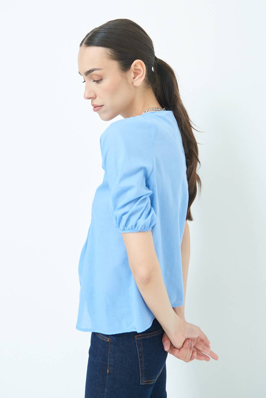 Kikisix CAMICIA CON BOTTONCINI DAV. COTONE CELESTE Economico