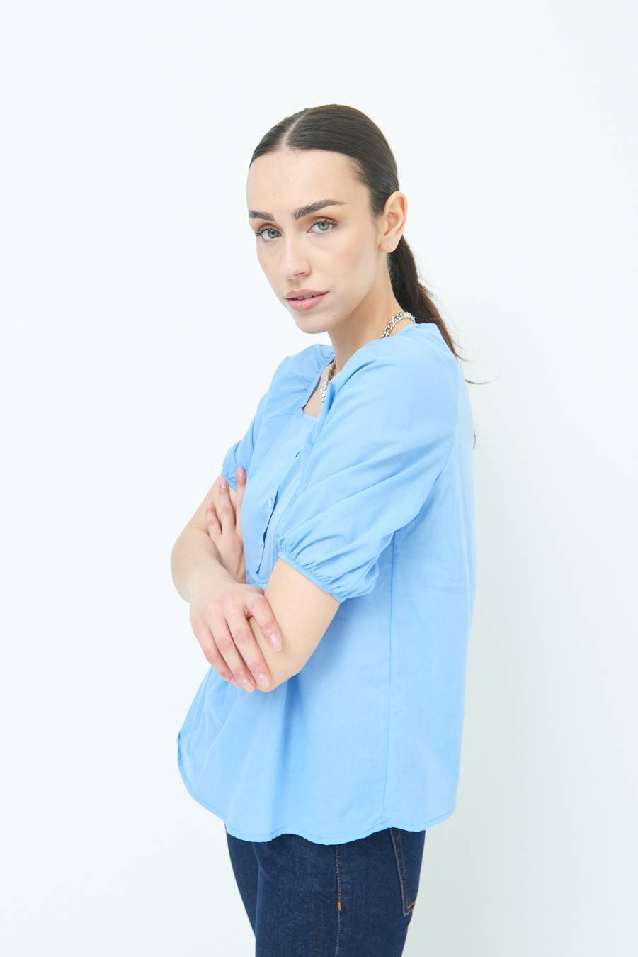 Kikisix CAMICIA CON BOTTONCINI DAV. COTONE CELESTE Economico