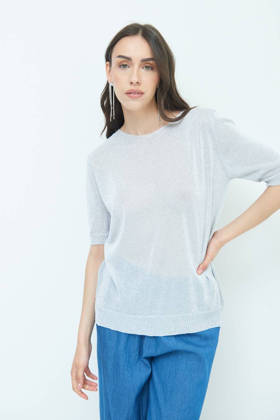 Kikisix MAGLIA LUREX PARICOLLO ARGENTO Nuova
