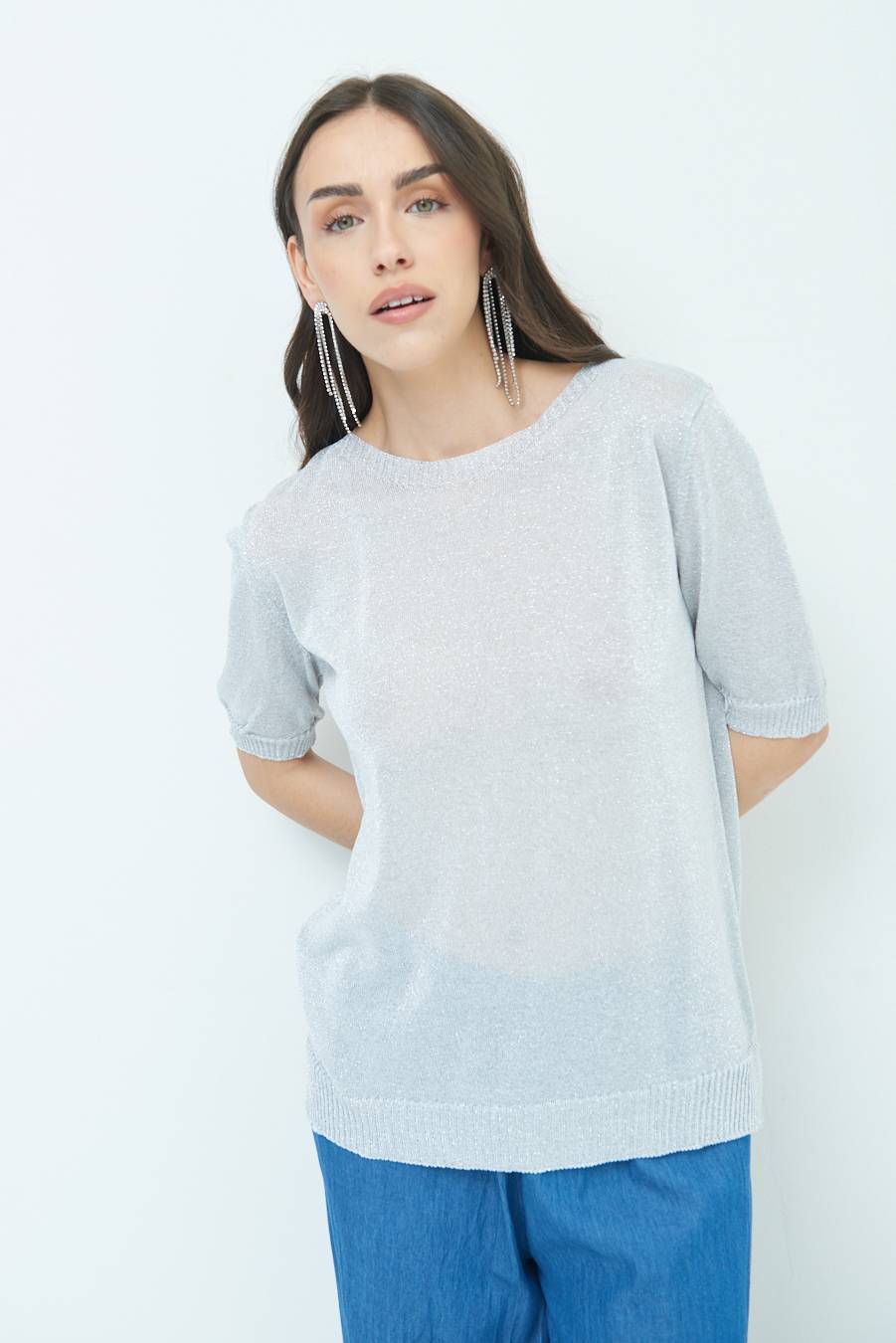 Kikisix MAGLIA LUREX PARICOLLO ARGENTO Nuova