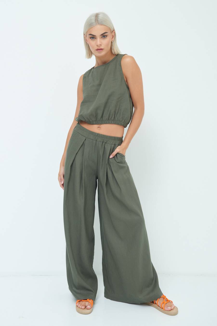 Kikisix PANTA PALAZZO CON PINCE VERDE MILITARE Spedizione Gratuita