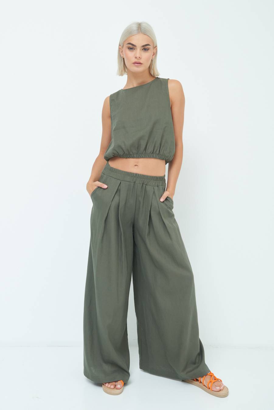 Kikisix PANTA PALAZZO CON PINCE VERDE MILITARE Spedizione Gratuita