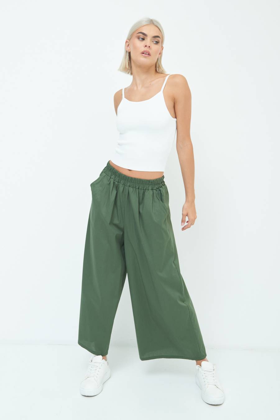 Kikisix PANTALONE CROP ELASTICO UNITO VERDE MILITARE Qualità Garantita