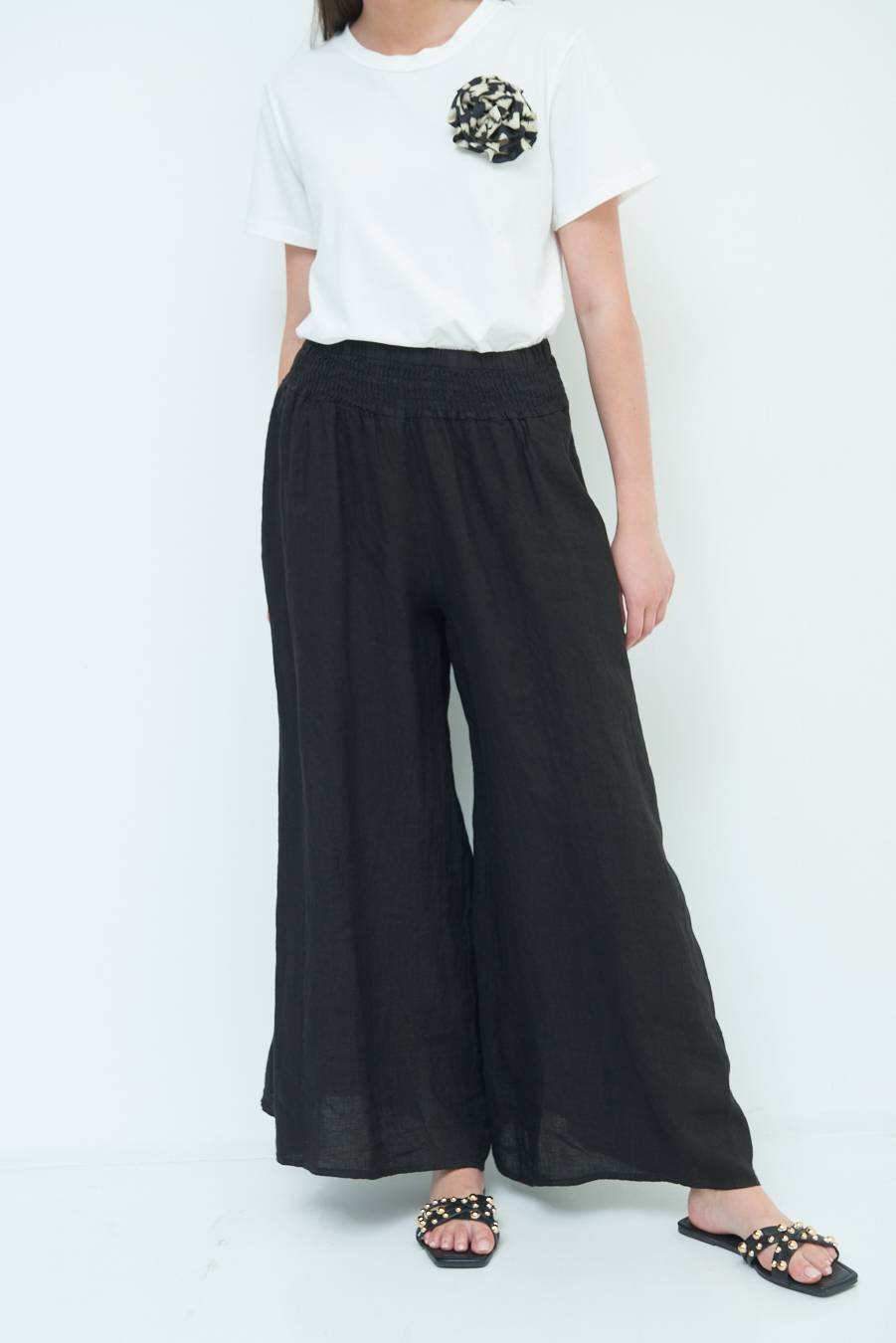 Kikisix PANTA PALAZZO LINO CON ELASTICI NERO Shopping Online
