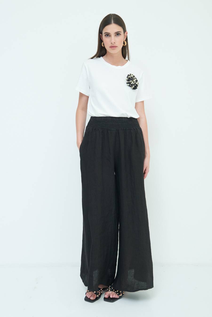 Kikisix PANTA PALAZZO LINO CON ELASTICI NERO Shopping Online