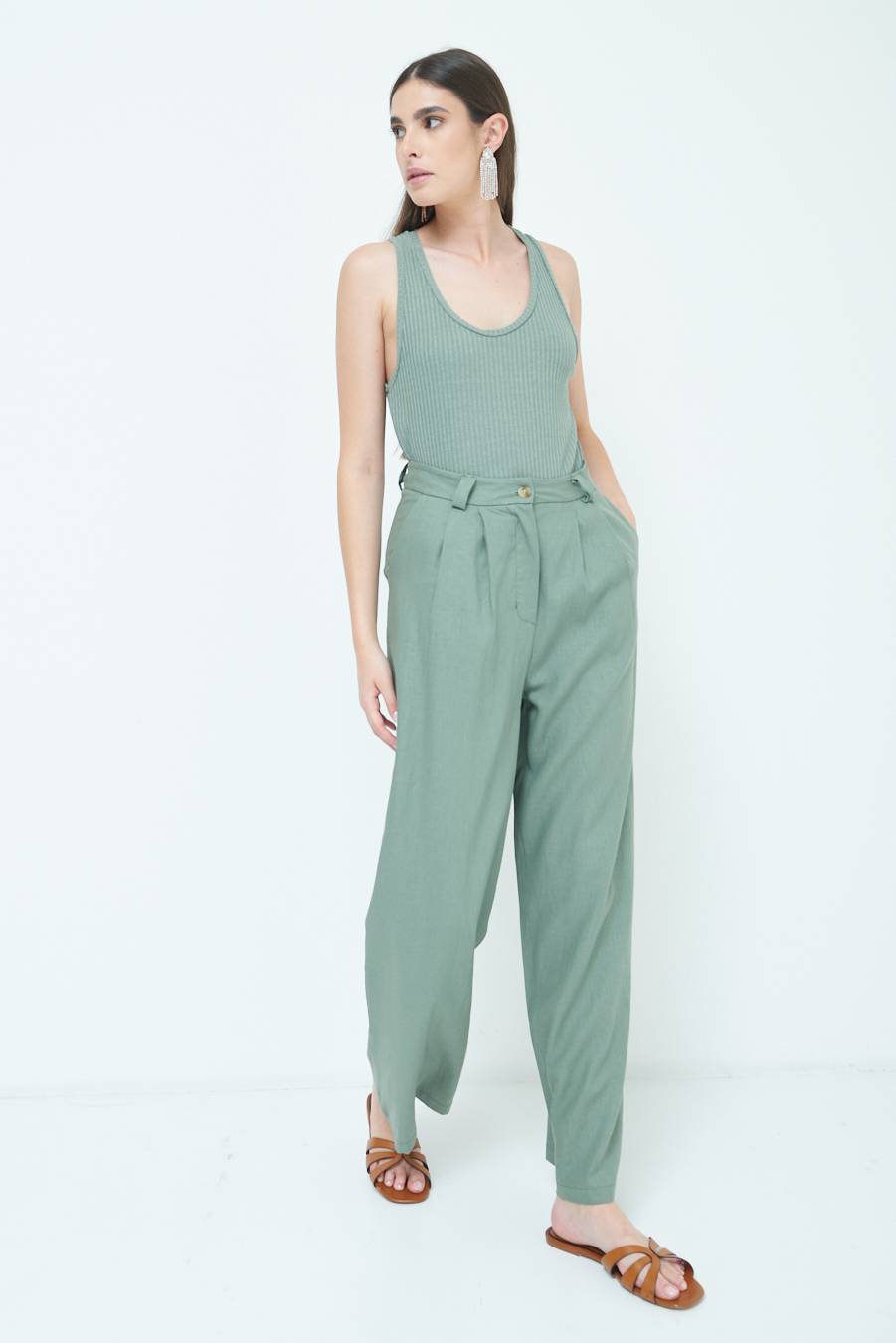 Kikisix PANTA PALAZZO CON PINCE VERDE MILITARE Sconto
