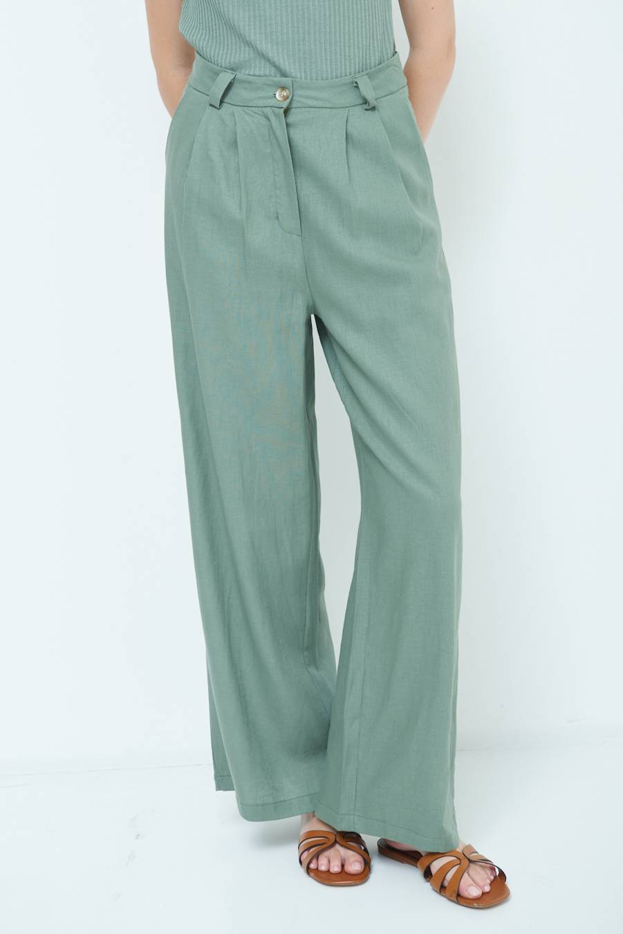 Kikisix PANTA PALAZZO CON PINCE VERDE MILITARE Sconto