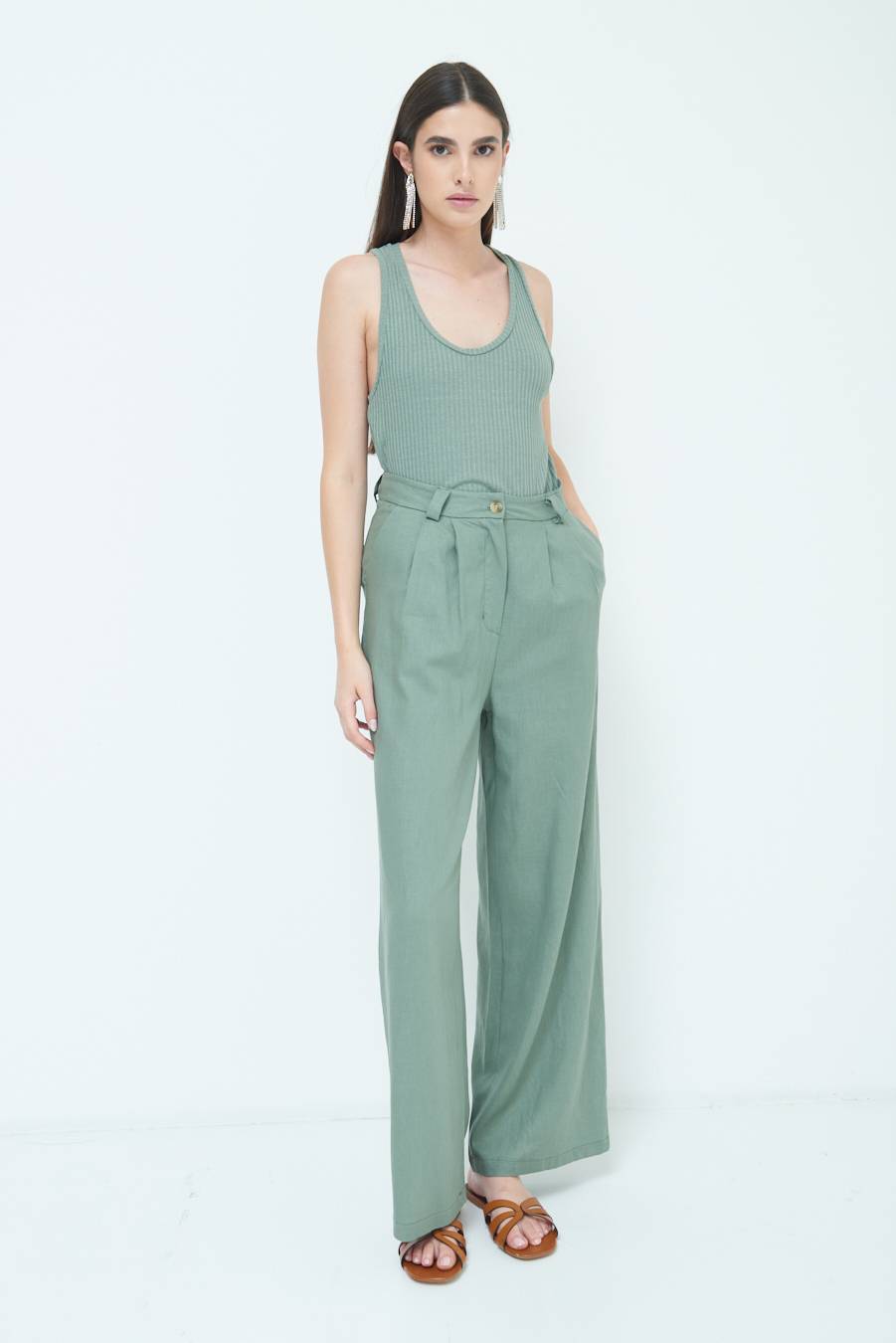 Kikisix PANTA PALAZZO CON PINCE VERDE MILITARE Sconto