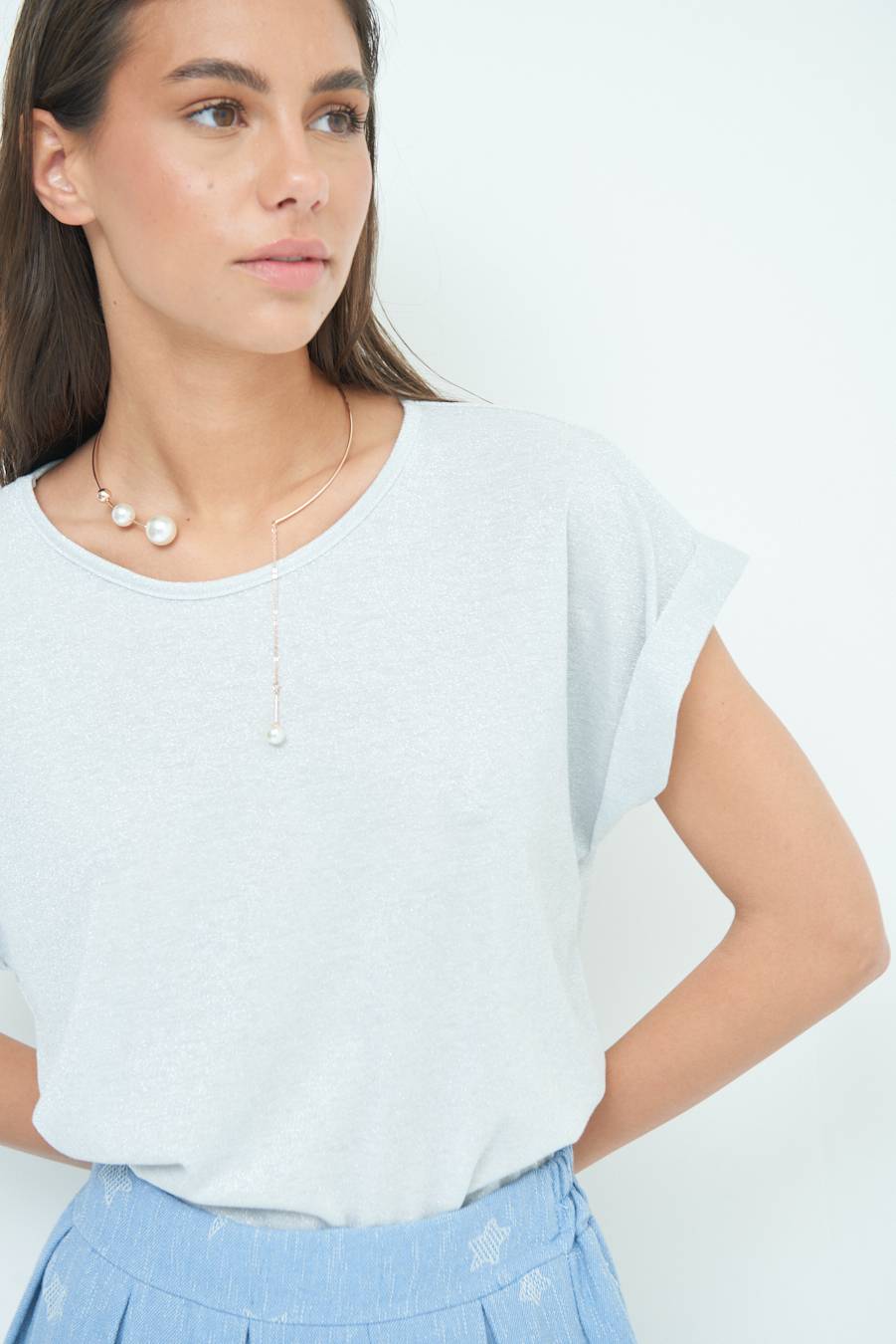 Kikisix T-SHIRT OVER CON RISVOLTO LUREX ARGENTO Promozione Limitata