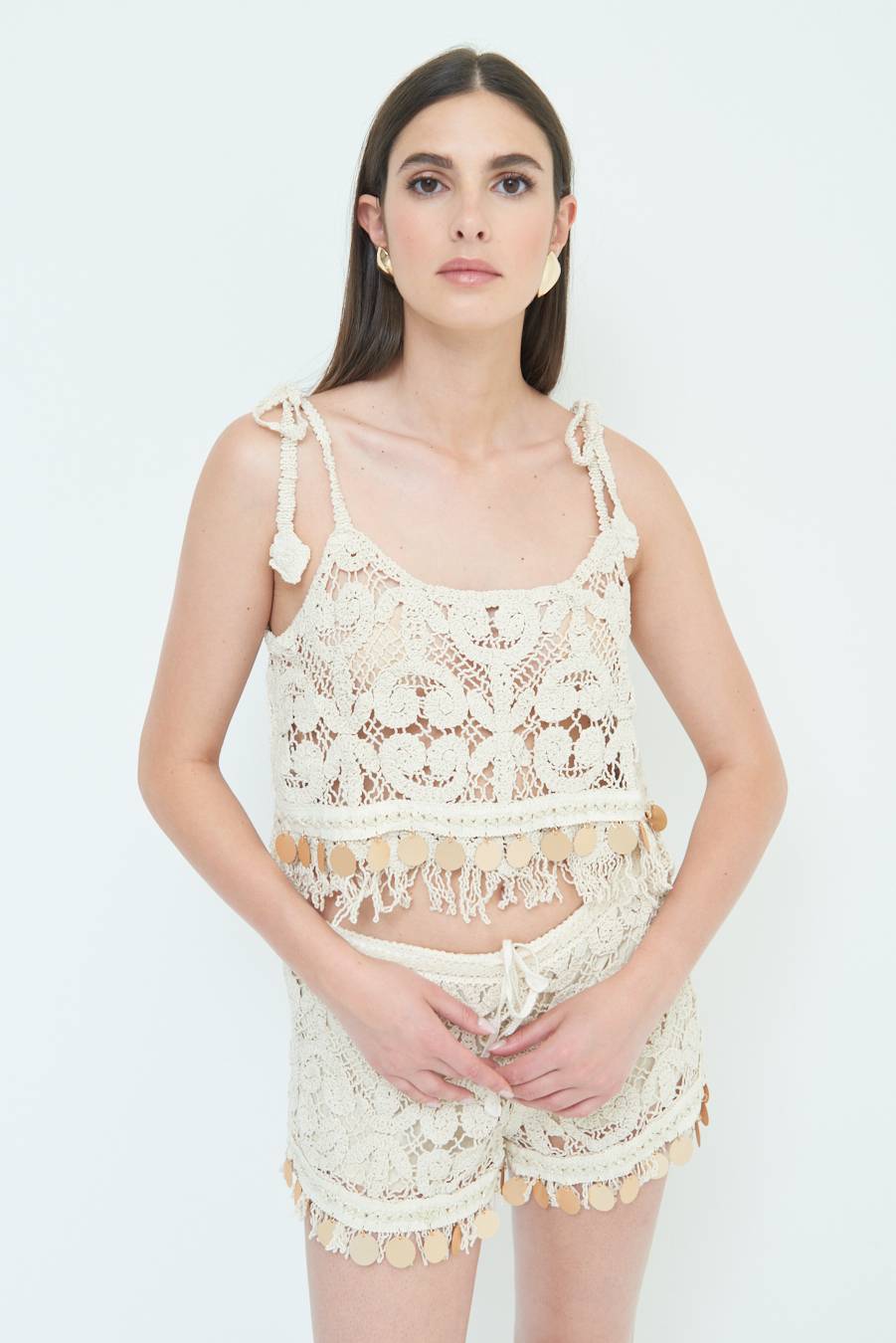 Kikisix TOP CROP CON MACRO PAILLETTES FONDO BEIGE In Linea