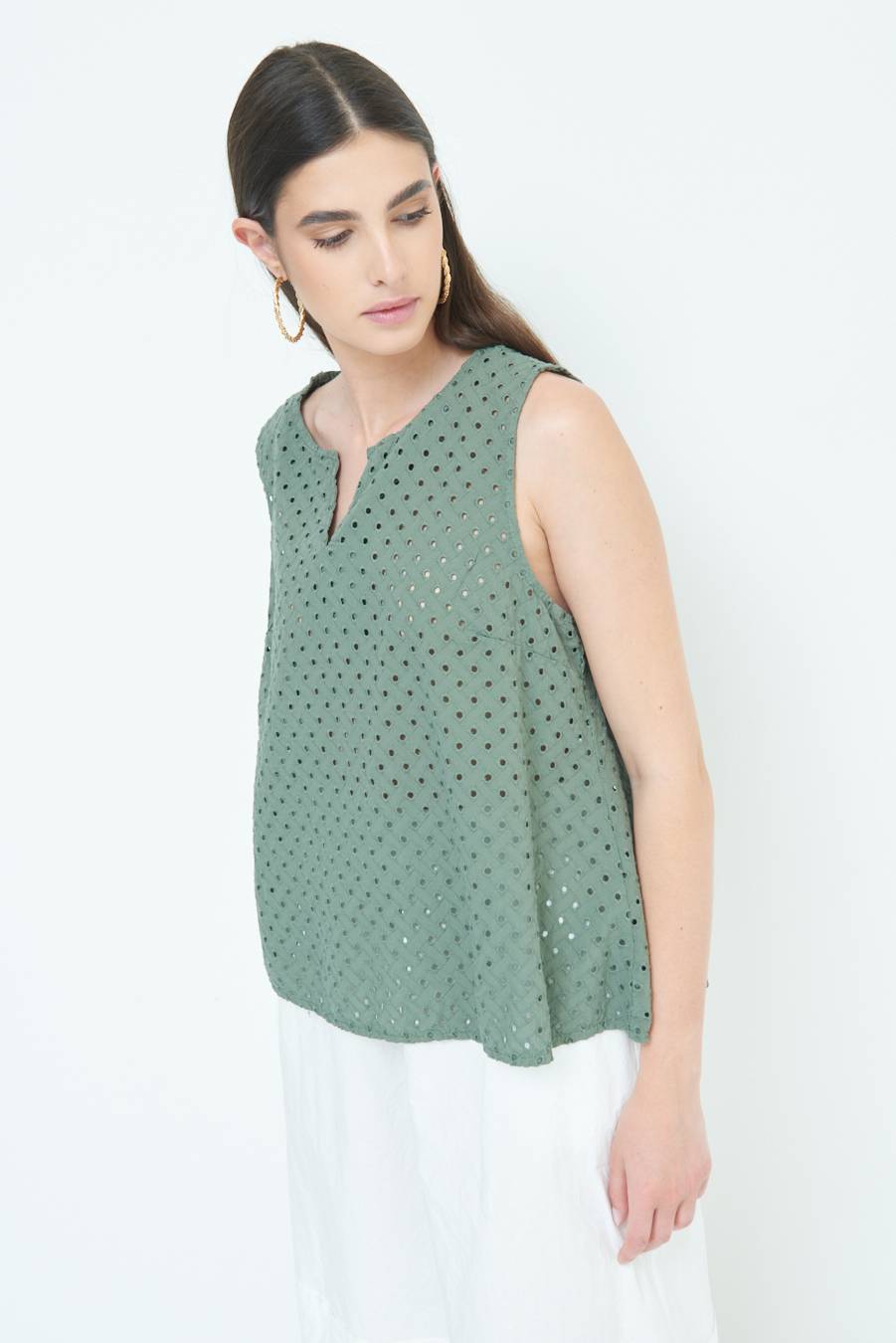 Kikisix TOP SMANICATO SANGALLO VERDE MILITARE Vendita