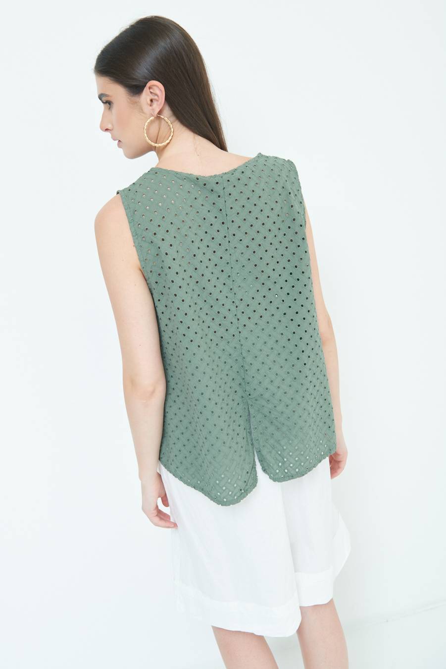 Kikisix TOP SMANICATO SANGALLO VERDE MILITARE Vendita