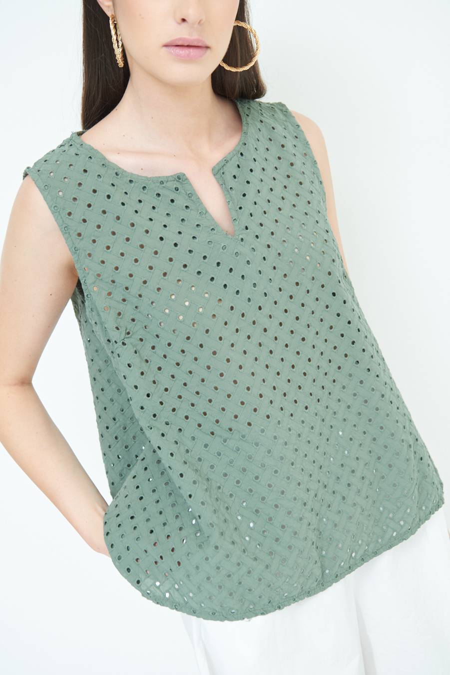 Kikisix TOP SMANICATO SANGALLO VERDE MILITARE Vendita