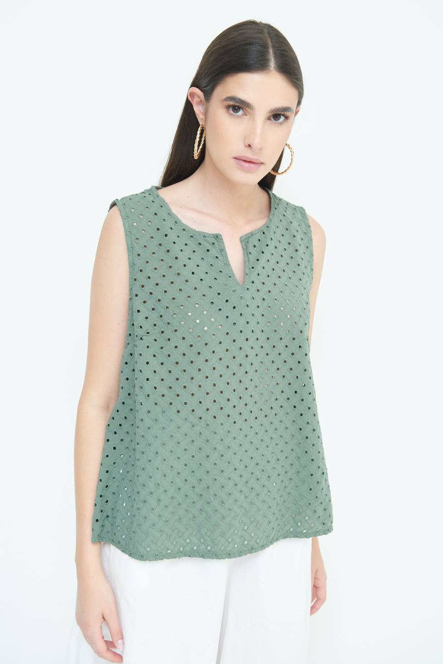 Kikisix TOP SMANICATO SANGALLO VERDE MILITARE Vendita