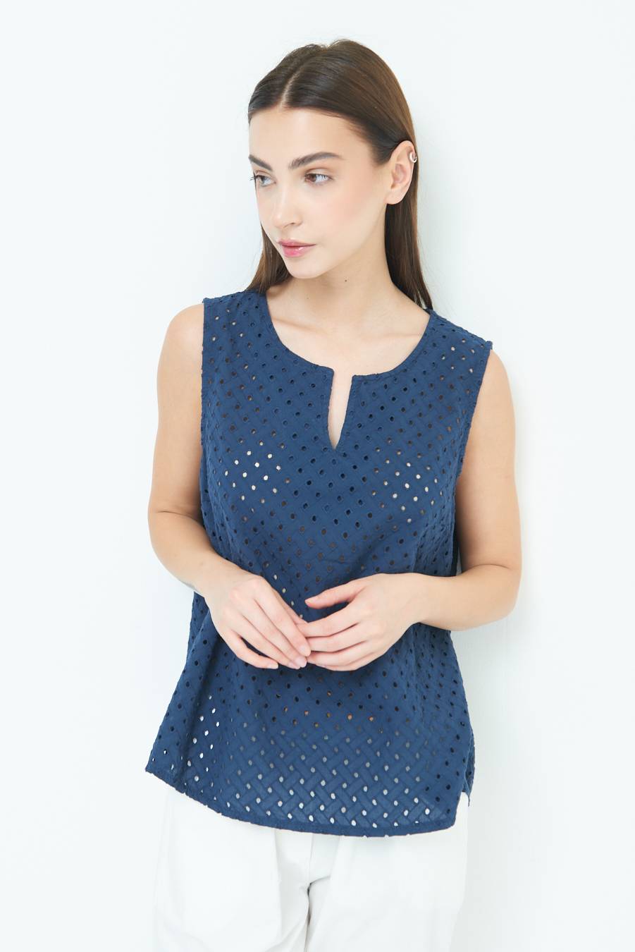 Kikisix TOP SMANICATO SANGALLO BLU Pezzi Unici