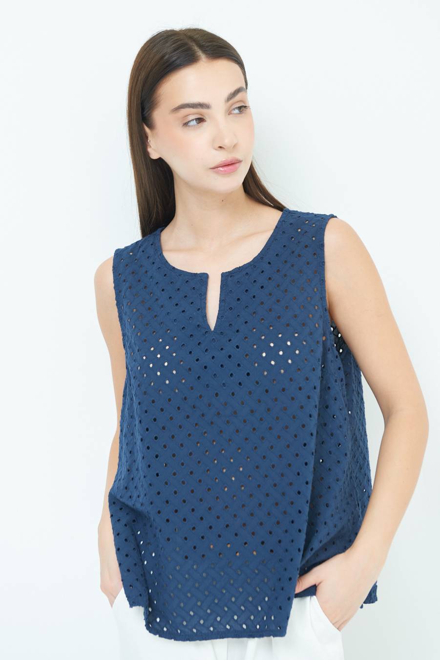 Kikisix TOP SMANICATO SANGALLO BLU Pezzi Unici
