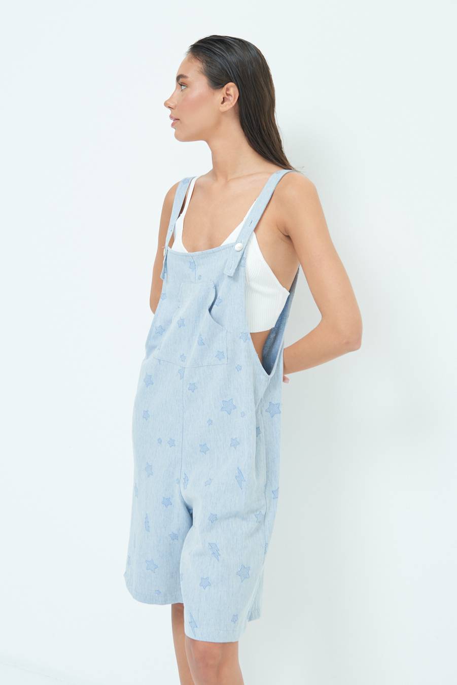 Kikisix SALOPETTE BERMUDA CON STELLE E FULMINI BLU CHIARO Sconto