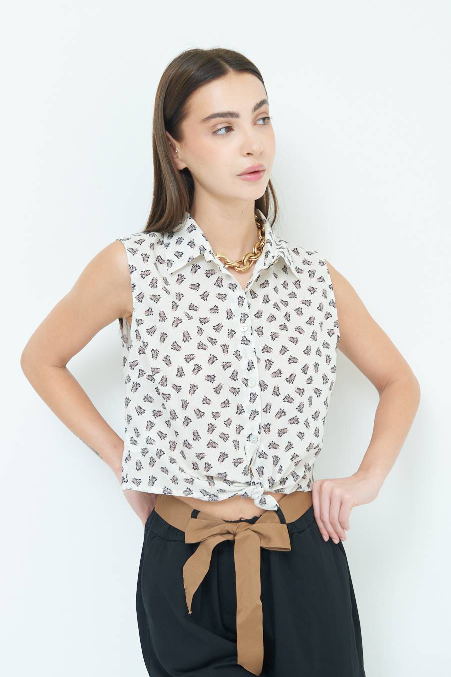 Kikisix CAMICIA SMANICATA CON NODO STAMPA NERO Italia