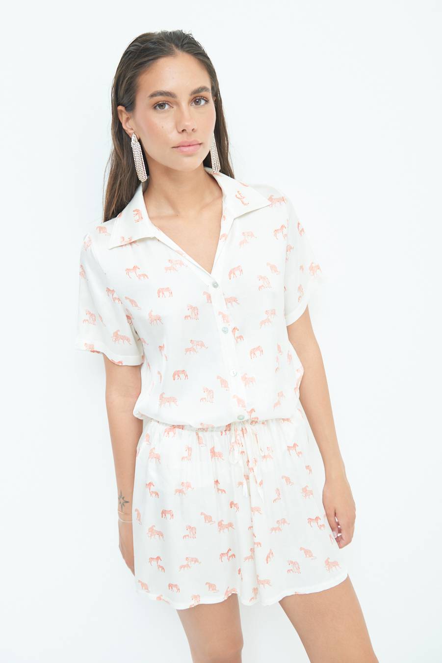 Kikisix CAMICIA MEZZA MANICA STAMPA ARANCIO Nuovo