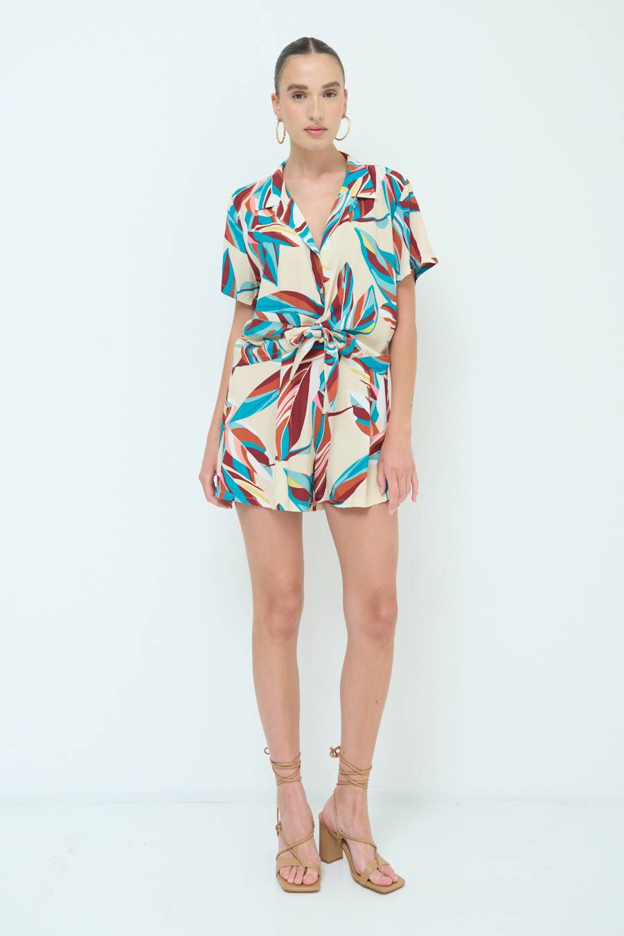 Kikisix CAMICIA ANNODATA STAMPATA A FOGLIE COLORATE ACQUA Pezzi Unici