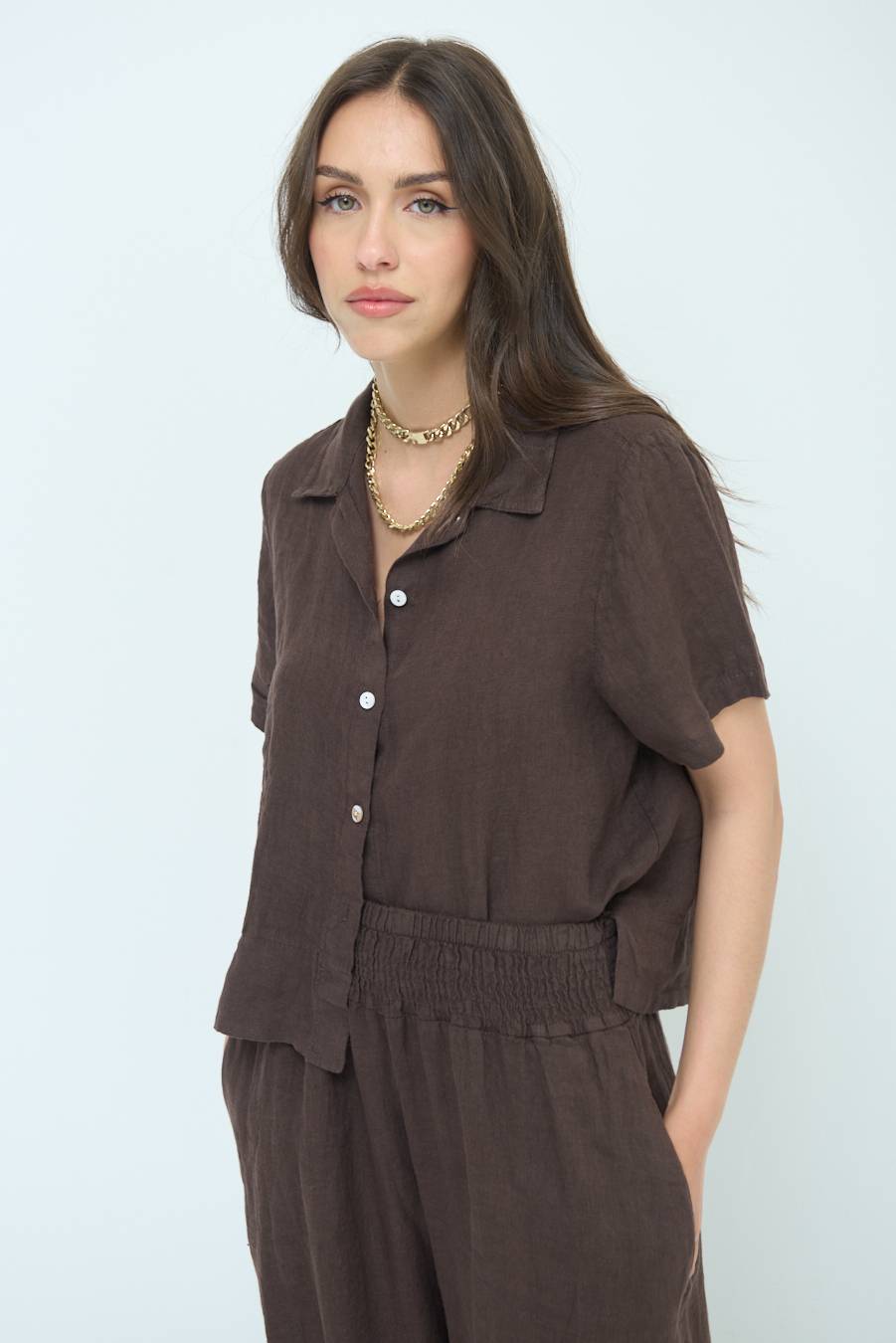 Kikisix CAMICIA LINO MEZZA MANICA CIOCCOLATO Soddisfazione Garantita
