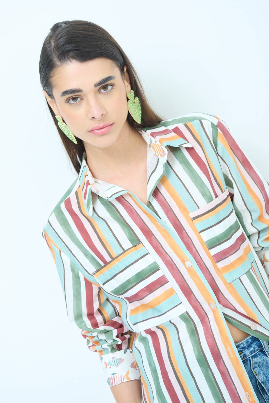 Kikisix CAMICIONE INSERTO RIGA. FANTASIA PESCE VERDE/OCRA Fino Al -60%