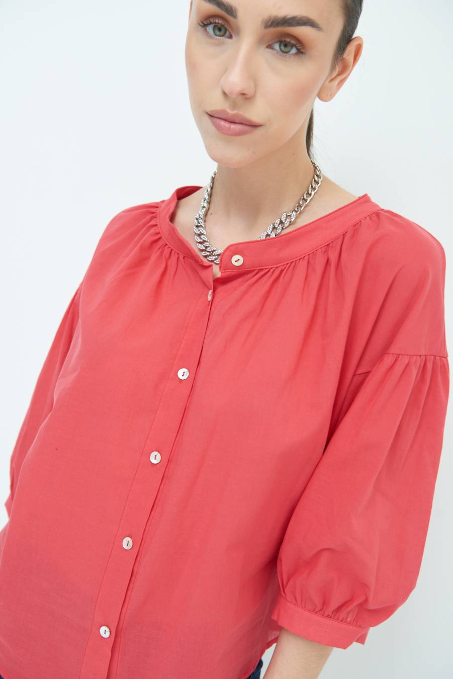 Kikisix CAMICIA SCOLLO INCRESPATO COTONE ROSSO Prezzo Ridotto