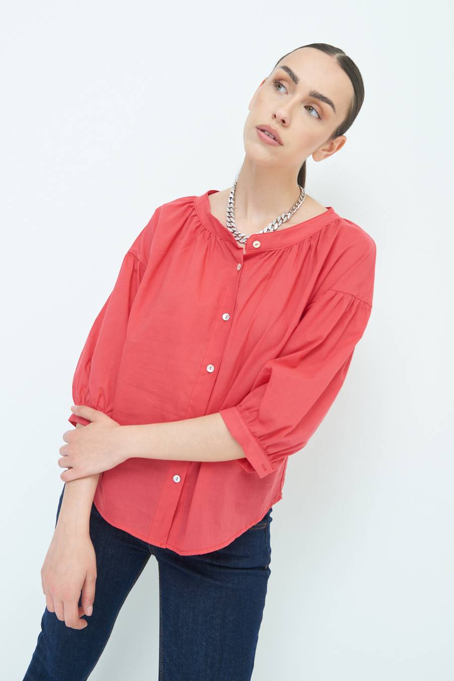 Kikisix CAMICIA SCOLLO INCRESPATO COTONE ROSSO Prezzo Ridotto
