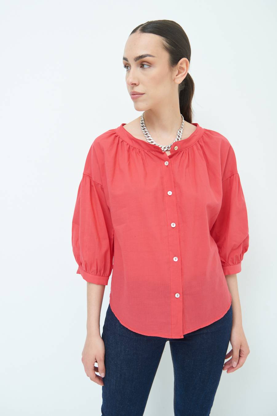 Kikisix CAMICIA SCOLLO INCRESPATO COTONE ROSSO Prezzo Ridotto