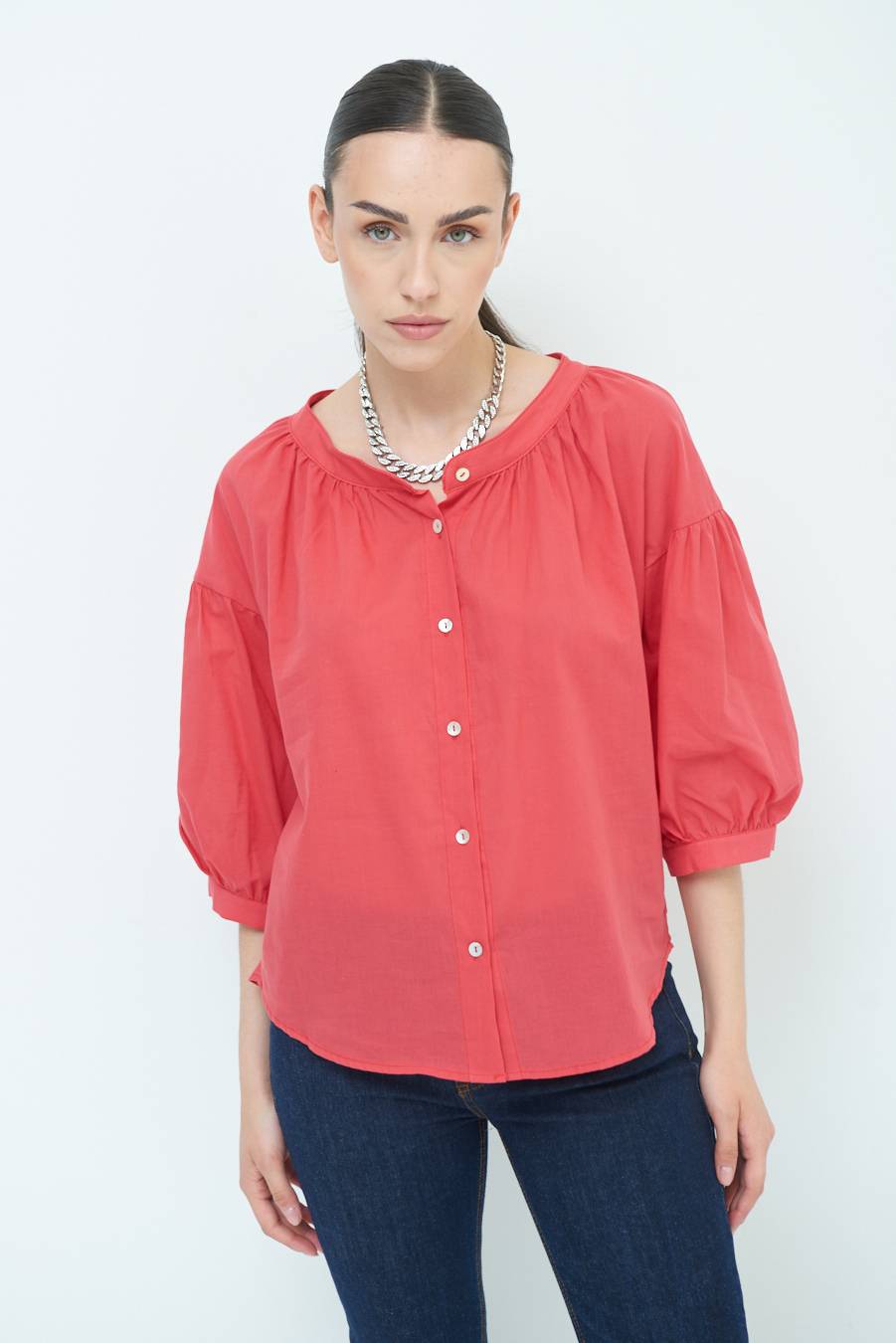 Kikisix CAMICIA SCOLLO INCRESPATO COTONE ROSSO Prezzo Ridotto