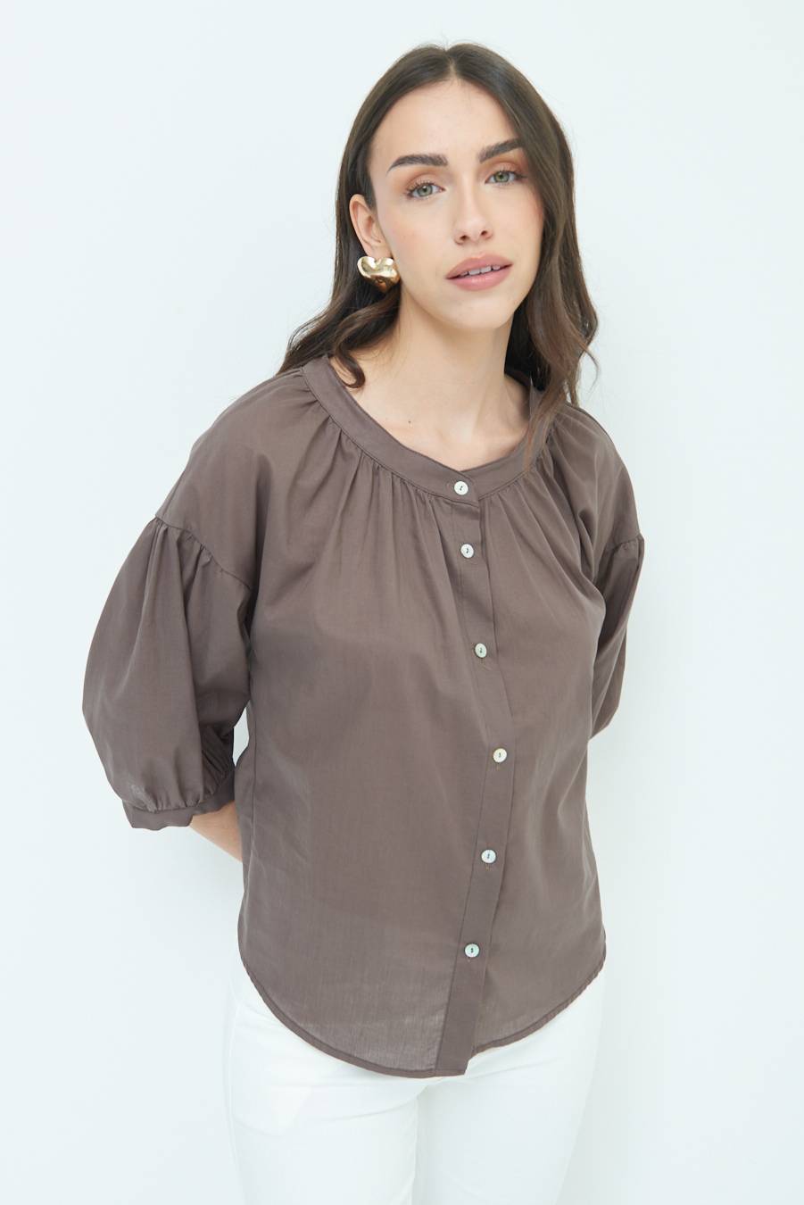 Kikisix CAMICIA SCOLLO INCRESPATO COTONE COFFEE Sottocosto